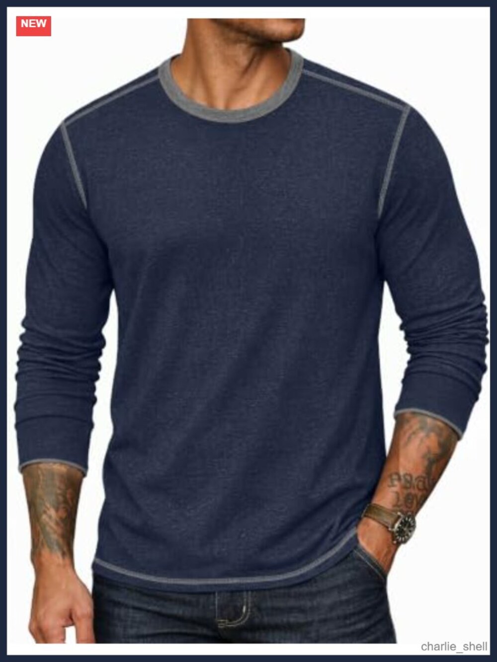Men's Cotton Blend Long Sleeve Crew Neck Color Block Tee